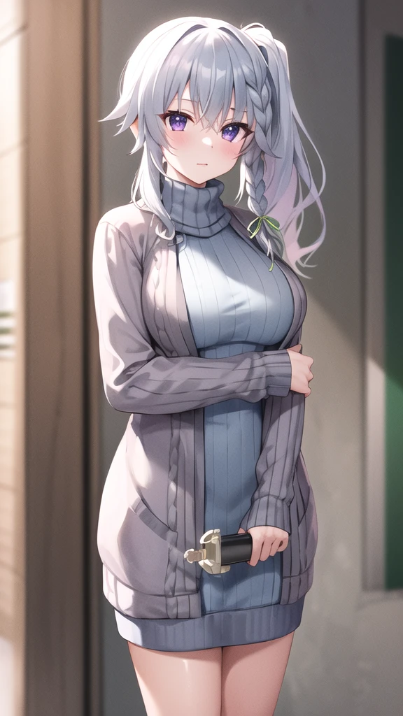 masterpiece, best quality, highres, aasora, braid, long hair, side ponytail, hair ribbon, (sweater dress:1.1), virgin killer sweater, ribbed sweater, turtleneck, street, standing, cowboy shot