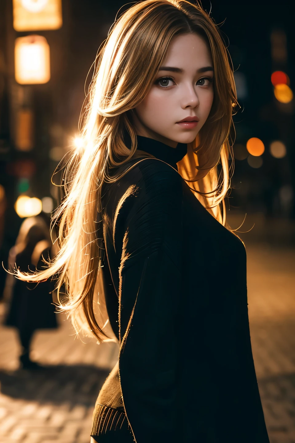 Best quality, masterpiece, ultra high res, (photorealistic:1.4), raw photo, 1girl, long hair, gold hair, detailed eyes and face, black sweater, dynamic lighting, in the dark, quiet street, deep shadow, low key, cowboy shot