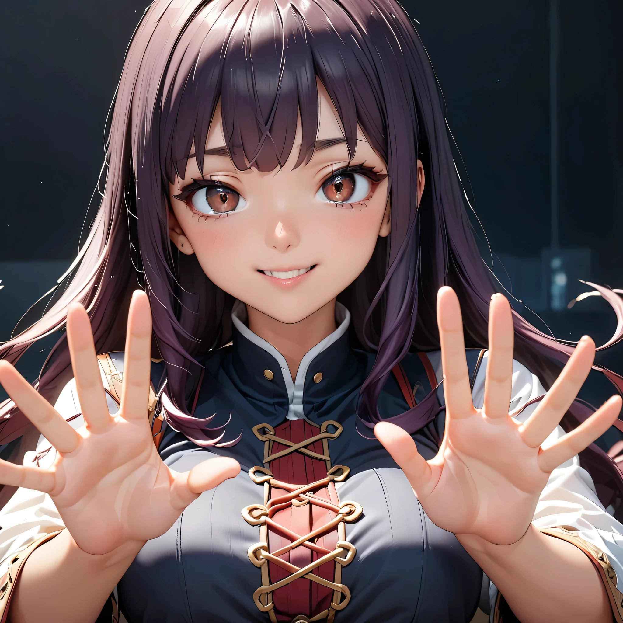 Masterpiece, 4K, HDR, full HD, (best quality), (ultra detailed), (only), intricate ANIME TYPE, best quality, 1girl, ((deep purple hair)) , hyper beautiful face, perfect anatomy, shiny skin, full body, alone, long hair, looking at viewer, perfect hands, perfect legs, super detailed clothes, intricate clothes, hyper detailed cloths, super detailed face, super detailed skin, super detailed quality, expressive eyes, brown eyes, super detailed eyes, JK, epngekatsuragimisato ,  SDXL Illustration Design Beautiful Girl 2D Beautiful Girl Digital Painting Comic Ukiyo-e Watercolor Manga Other,ROUGH, smile, blushing, dynamic pose, American shot, cowboy shot, portrait quality, super detailed hands, super detailed fingers, very beautiful fingers, very beautiful hands, The image created is 3/4 of the body, bright red lipstick, standing facing the viewer, stylized fingers, detailed female fingers, Nabiki Tendou outfit, 