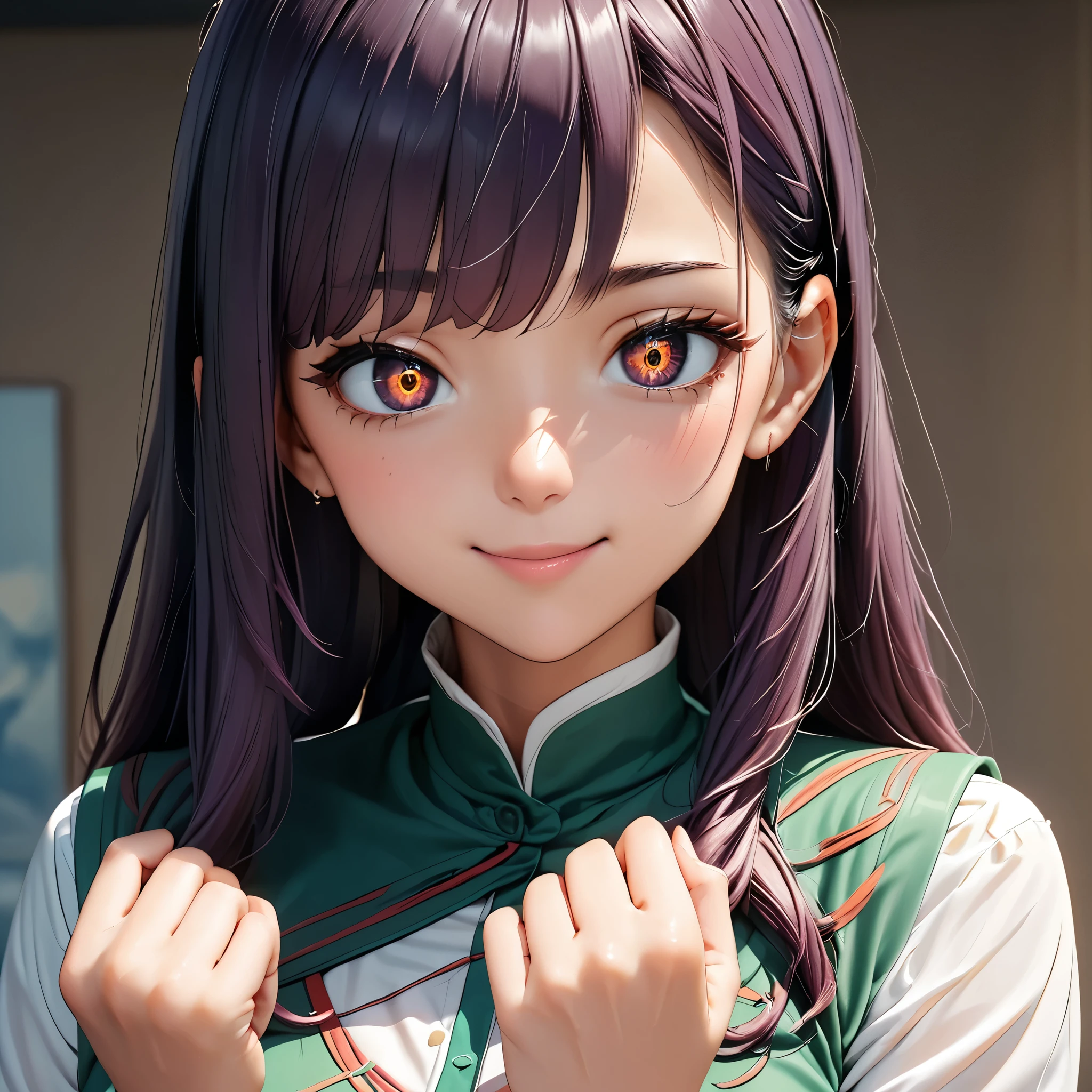 Masterpiece, 4K, HDR, full HD, (best quality), (ultra detailed), (only), intricate ANIME TYPE, best quality, 1girl, ((deep purple hair)) , hyper beautiful face, perfect anatomy, shiny skin, full body, alone, long hair, looking at viewer, perfect hands, perfect legs, super detailed clothes, intricate clothes, hyper detailed cloths, super detailed face, super detailed skin, super detailed quality, expressive eyes, brown eyes, super detailed eyes, JK, epngekatsuragimisato ,  SDXL Illustration Design Beautiful Girl 2D Beautiful Girl Digital Painting Comic Ukiyo-e Watercolor Manga Other,ROUGH, smile, blushing, dynamic pose, American shot, cowboy shot, portrait quality, super detailed hands, super detailed fingers, very beautiful fingers, very beautiful hands, The image created is 3/4 of the body, bright red lipstick, standing facing the viewer, stylized fingers, detailed female fingers, Nabiki Tendou outfit, 