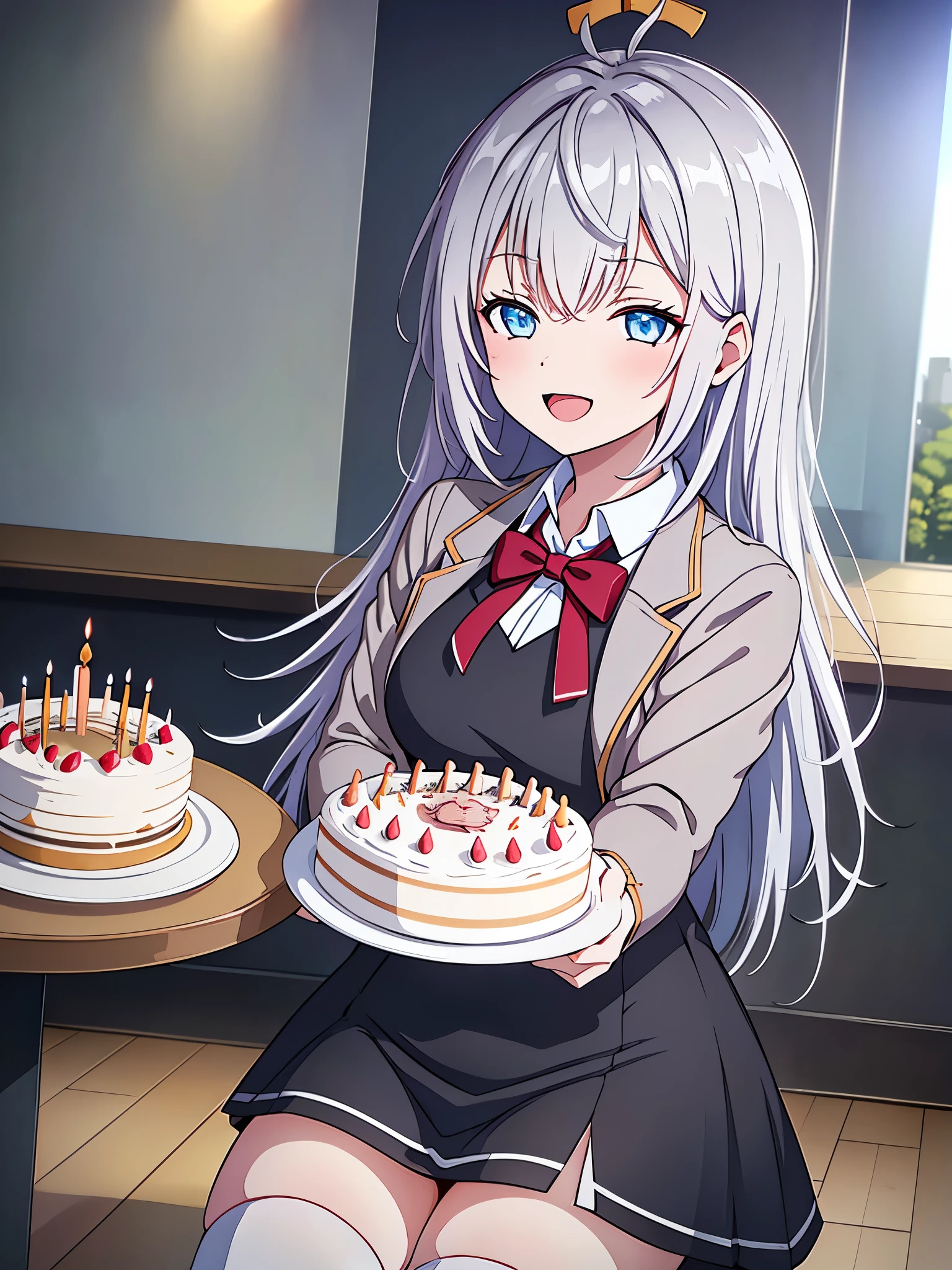 alya, grey jacket, open jacket, long sleeves, red bow, white shirt, collared shirt, black vest, buttons, black dress, white thighhighs, black loafers, 1girl, (((masterpiece))), top-quality, top-quality, High Details, illustratio, comic strip, soothing tones, Subdued Color, Soft cinematic light, adobe lightroom, photolab, HDR, intricately and hyper-detailed、(((depth of fields))))。(((masterpiece)))。(((top-quality))).)(( ultra-detailed)))。(((illustratio)))。(((takeout))).dynamic focus.big breasts.(((park))).(((A birthday party))).(((Face of happy))). open mouth.(((Hands carrying birthday cake))).(((up chest))).((morning glow)).((the setting sun)).