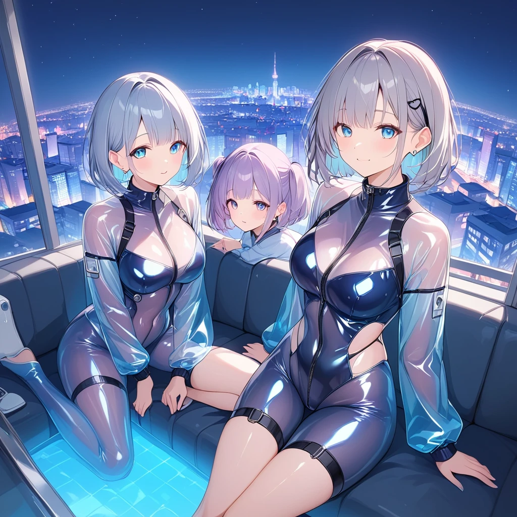 (Multiple girls),(最High image quality, 8k, masterpiece:1.3), (24 years old:1.5), (Grey Hair), ( bob cut ), (Oblique sky blue eyes), ((Full body rubber suit transparent 、 transparent、no zipper 、rubber suit glossy 、Perfect fit、Full body shot、 look at this while sitting、City、Night view)), ([Ultra Clear:1.5), ( shiny skin:1.1),(Pale skin:1.1),High image quality、Clear contours