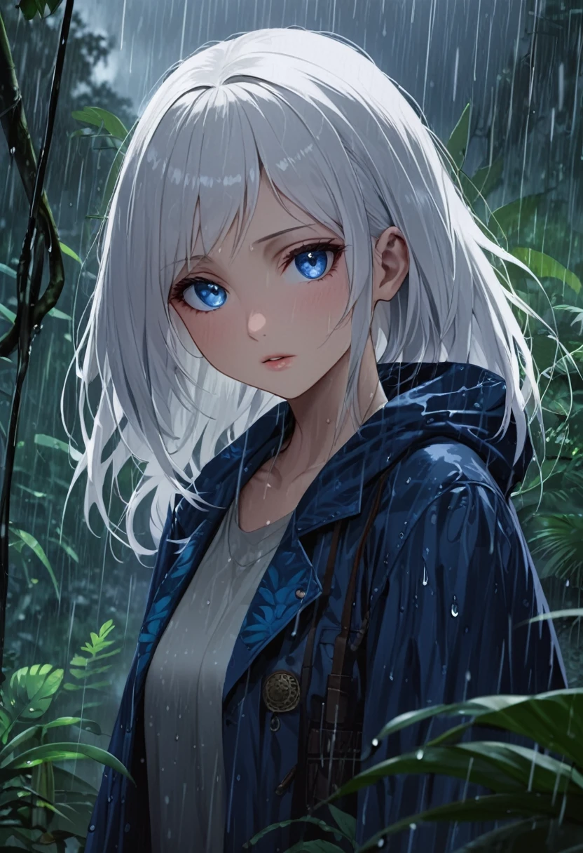 (outside, jungle, rainning, evening, soft light, dim lit, moody vibe), (insanely detailed, beautiful detailed face, masterpiece, best quality), mature female, white hair, blue eyes, jungle clothes, exploration clothes