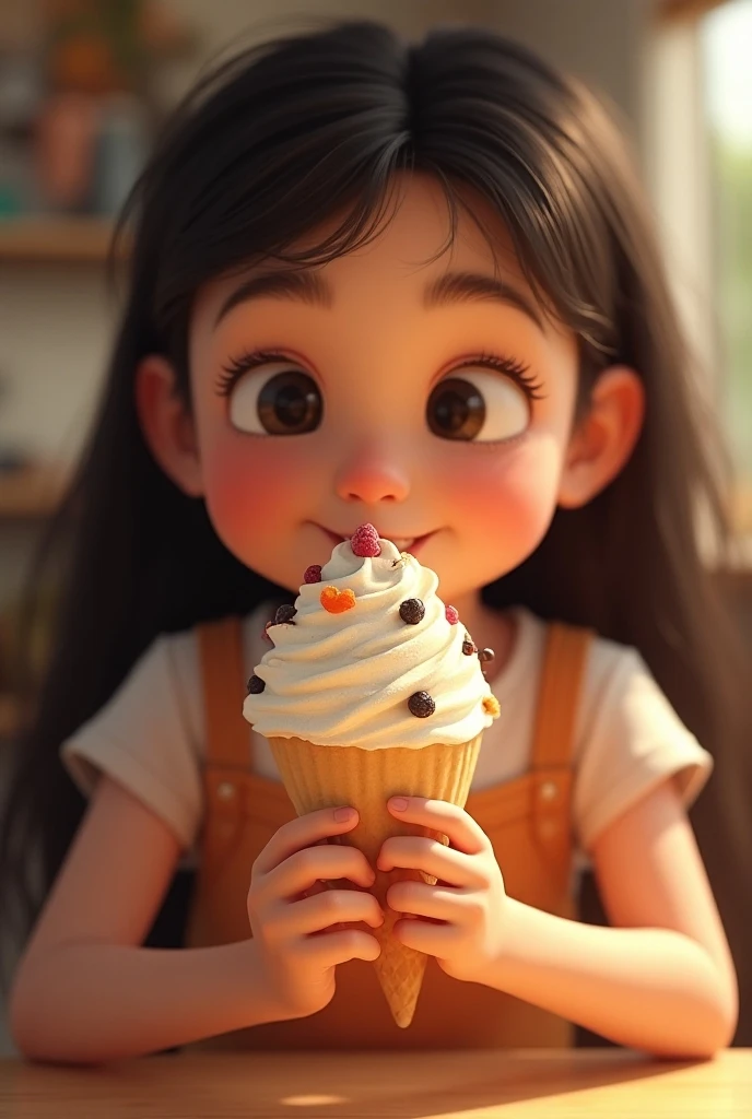 A realistic image where a girl looks at her ice cream with a smile and with a little ice cream in her mouth and with the container in her hands while the açai ice cream with toppings melts a little. But the focus is on how tasty ice cream , despite the slip .  The campaign could highlight that açaí is so delicious that it's worth it even if it spills.