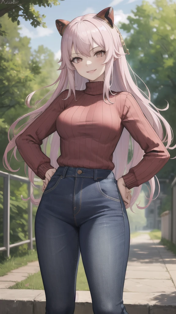 masterpiece, best quality, absurdres, 1girl, solo, ArayaEndo, long hair, hairpods, outdoors, sweater, ribbed sweater, jeans, hands on hips, smile, 