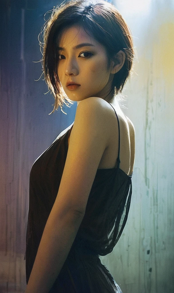 Best quality, masterpiece, ultra high res, (photorealistic:1.5), raw photo, 1girl, in the dark, deep shadow, low key, cold light, sexy look, short hair, swimsuit