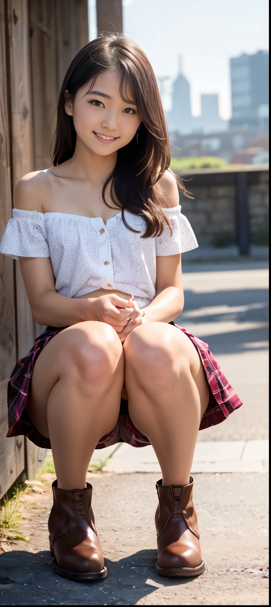 One Girl、(Japanese girl sitting on a bench and showing her panties:1.1)、Lips parted、Look Viewer、Realistic、tights、Skirt、Skyline、Realistic、Upskirt、Skirt Lift、highest quality、masterpiece:1.3、超A high resolution、Detailed skin texture、(View from below:1.5、Crotch close-up:1.5)、Embarrassed look、The background is a night view、((Spread your legs out to the side:1.4))