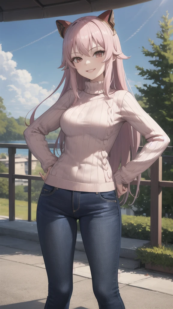 masterpiece, best quality, absurdres, 1girl, solo, ArayaEndo, long hair, hairpods, outdoors, sweater, ribbed sweater, jeans, hands on hips, smile, 