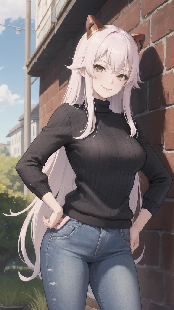 masterpiece, best quality, absurdres, 1girl, solo, ArayaEndo, long hair, hairpods, outdoors, sweater, ribbed sweater, jeans, hands on hips, smile, 