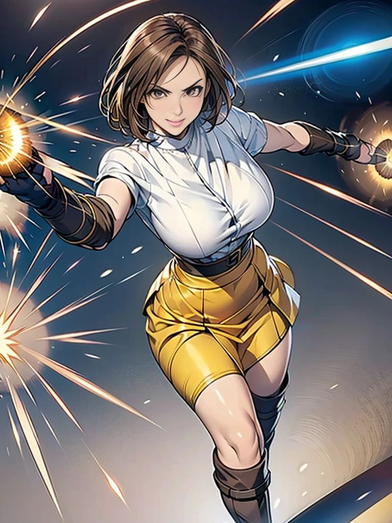 beautiful woman, active attacking pose, femdom, kick attacking motion to viewer, perfect body, big breasts, office-lady blouse skirt, fingerless gloves, long boots, light brown hair, mischievous smile, closer, depth of field, at fight ring, viewer that cannot be guarded