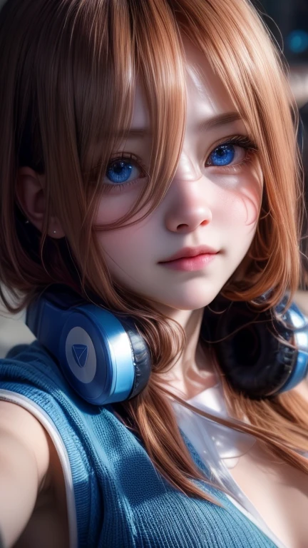 A hyper-realistic, high-resolution portrait of Nakano Miku, featuring her beautiful young features and delicate skin, shot with a RED Komodo 6K and a Zeiss Master Prime 50mm lens. Miku is captured in a dynamic, moving pose, looking at the viewer with her large blue eyes and cheeky expression. She wears headphones, a loose mid-cut t-shirt, and a micro miniskirt, emphasizing her glowing skin and perfect anatomy. The scene employs soft lighting and subtle shadows, inspired by Emmanuel Lubezki's work in The Revenant, to create an atmospheric, dramatic effect with rich textures and lifelike quality."