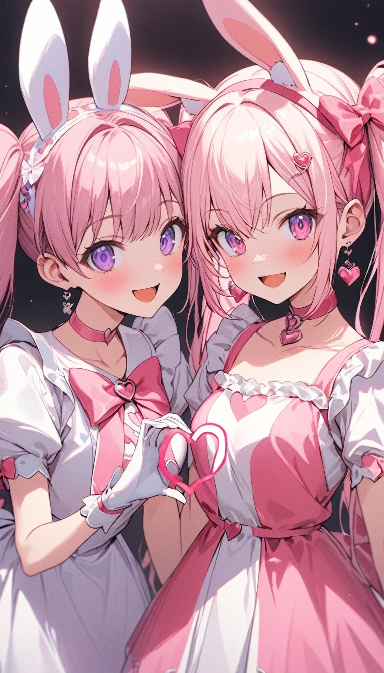 Details、ultra-detailliert、​masterpiece、top-quality、Beautiful fece、A detailed eye、 (Two girls:1.4)、Two succubi、(twinsies:1.2)、(natta:1.2)、short-haired、(Pink ribbon:1.1)、(Two-side-up)、Pink tie、pink  bra、耳环、(student clothes.1.1)、Shady face、Light pink hair、(Pink Room)、malicious smile、Bruises and ugly facial features、Young features、(Lori:1.2)、long-sleeve、(fluffy sleeves fluffy hair、(Open your mouth and laugh)、Elementary school girls、Short stature、Chiquita、Colossal tits、loli big boobs、(Put your hand on your face)、Buriko、Ruffled uniforms、hair clips、(Ridicule:1.1)、looking-down、View of Beloise from above:1.2)、ultra gigantic tits、(Pink heart symbol:1.5)、(Mass of heart:1.5)、(Heart Effect:1.5)、(heart mark:1.5)、demon tail、Devil's Tail、Succubus、(ultra gigantic tits:1.3)、loli big boobs、(Tattoo of the heart:1.3)、Yodare、Devil's Tail、Boob Matching