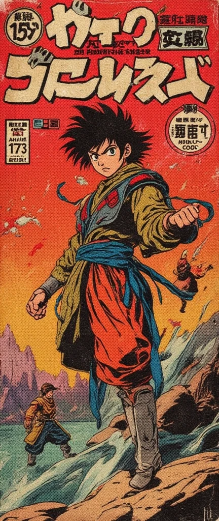 This vintage 1940s comic book cover features an anime-style character inspired by Akira Toriyama’s dynamic artwork. The character, a young warrior with spiky hair and wearing a vibrant, detailed outfit, stands in an action-packed pose in front of a vivid, highly detailed background. His expression is fierce, with eyes full of determination as if he's ready to embark on a thrilling adventure.

The title "The power of adventure" (Bōken no Chikara), meaning Power of Adventure, is boldly displayed in large, stylized Japanese kanji at the top of the cover, mimicking the dramatic style of 1940s comic fonts but with a Japanese twist. The price of 15¢ and Issue #42 are placed in their usual spots, creating a perfect balance with the artwork.

In the background, scattered Japanese characters appear, adding to the immersive feel of the comic. The colors are rich and vibrant, with strong contrasts of red, blue, and yellow, all framed by the slight creases and aging effects that make it feel like a well-worn, classic comic book from the golden age of manga and comics.