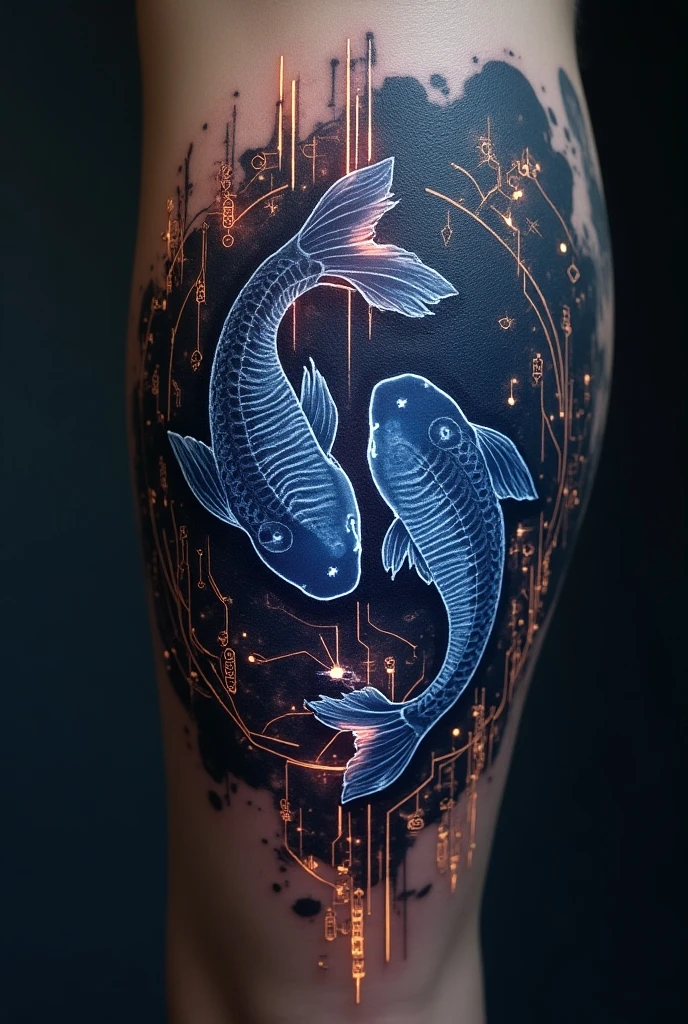 Create a futuristic Pisces zodiac sign tattoo for the center of the back