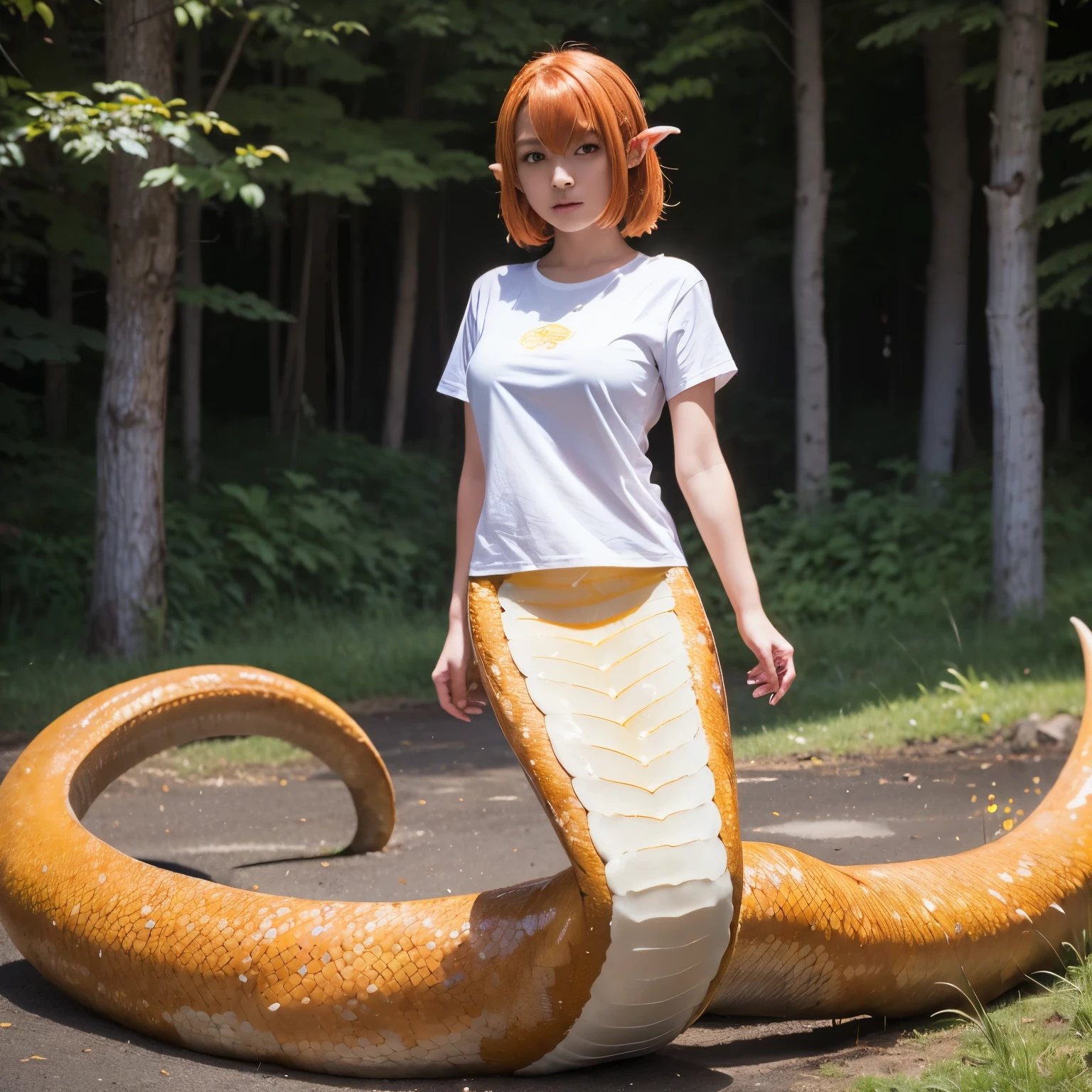 1girl, orange hair, brown eyes, lamia, yellow scales, tail, standing, medium breasts, white shirt, streets, 4k, 8k, 16k, best quality, high-res, full body, fireflies