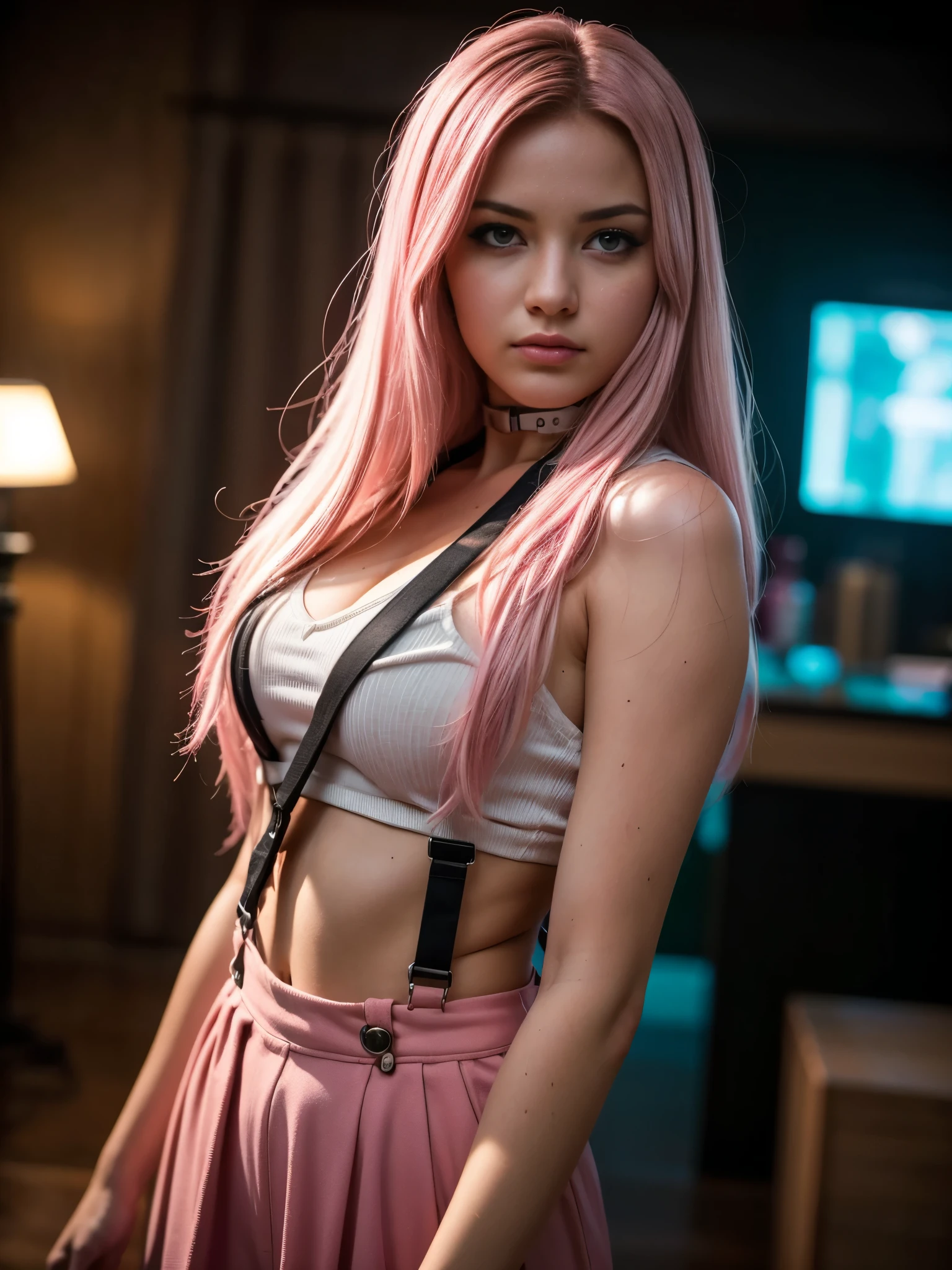 (8k, RAW photo, best quality, masterpiece), ultra high resolution, (realistic, photo-realistic), 1girl, emotionless, solo, pink hair, yellow eyes, professional lighting, detailed lighting, backlight, depth of field, natural lighting, sharp focus, two meter shooting distance, professional photo shoot, detailed eyes, realistic eyes, detailed shadow, cg game, cosplay, pink clothes with arm ring,  suspenders, upper body, pink clothes, exterior, crown, Gundam, Mecha, robot, 