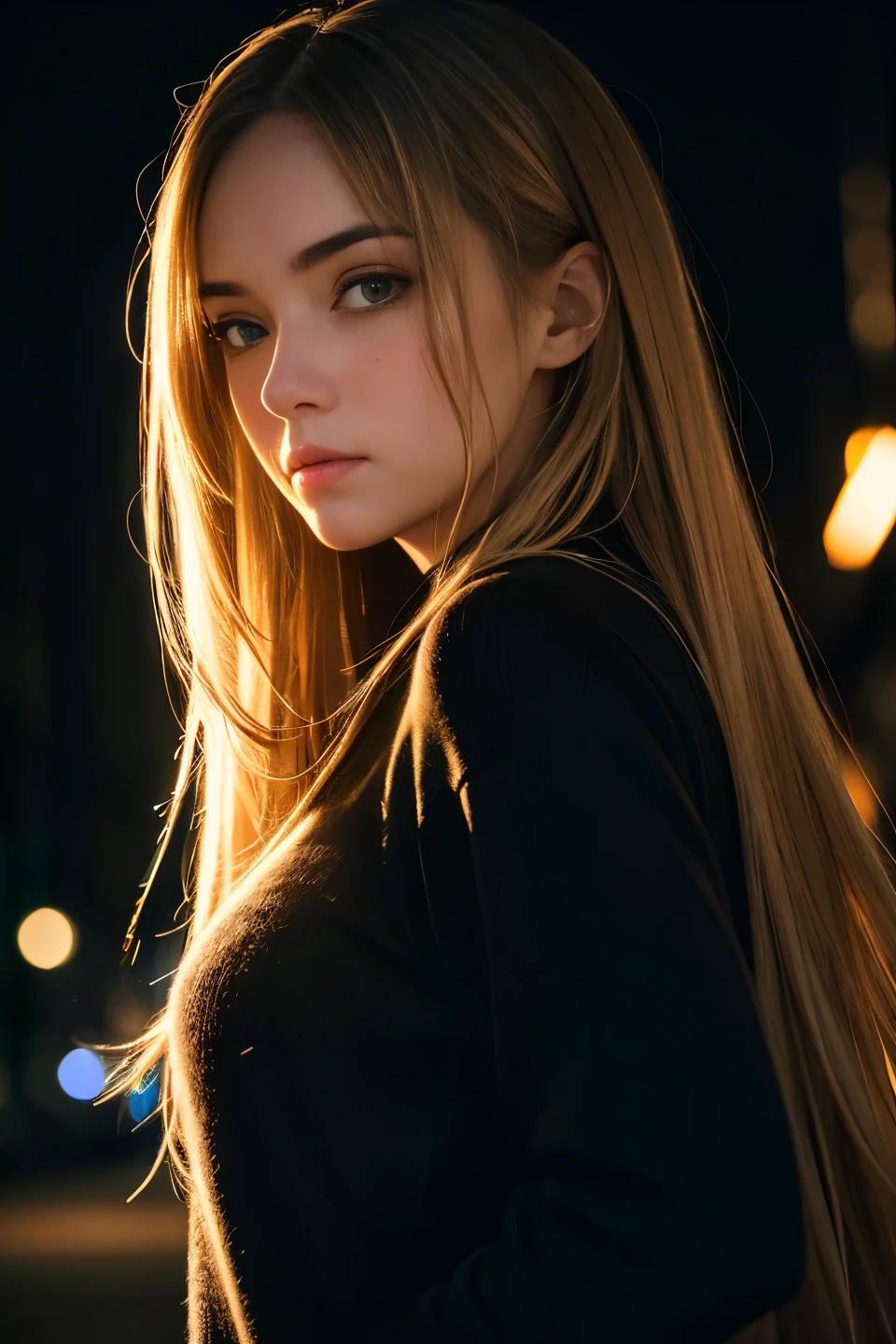 Best quality, masterpiece, ultra high res, (photorealistic:1.4), raw photo, 1girl, long hair, gold hair, detailed eyes and face, black sweater, dynamic lighting, neon light, in the dark, quiet street, deep shadow, low key, cowboy shot