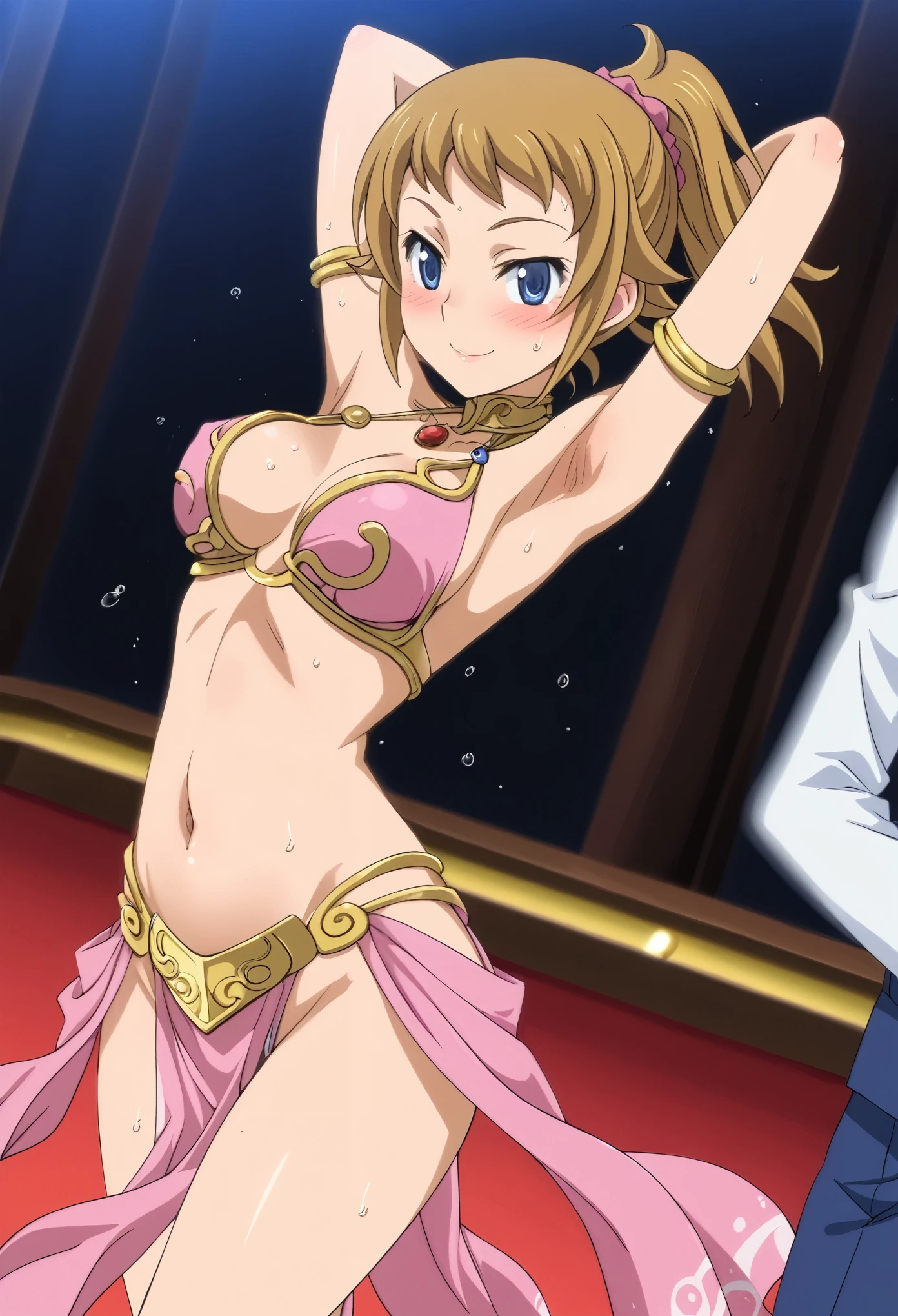 (超詳細なeye、 detailed face, ultra high resolution、 super quality、eye),fumina hoshino, Hoshino Fumina, blue eyes, brown hair, ponytail, scrunchie,(slave leia outfit),(blush、smile),Sweat that drips away,Glossy lips,Thighs、Disheveled clothing、( belly dancing 、dance、sexy dance:1.4),side、Raise your arms、dynamic action、motion blur,effect,(casino,Las Vegas)