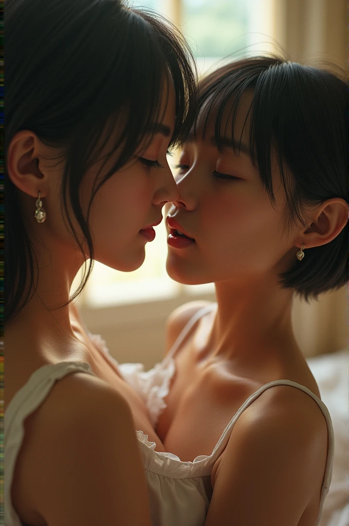 (highest quality, masterpiece, photo-realistic, super detailed, ultra high resolution, born:1.3), (breast press), (2 girls, cute, Japanese), huge breasts, (kiss), , bangs, long hair, From the side,