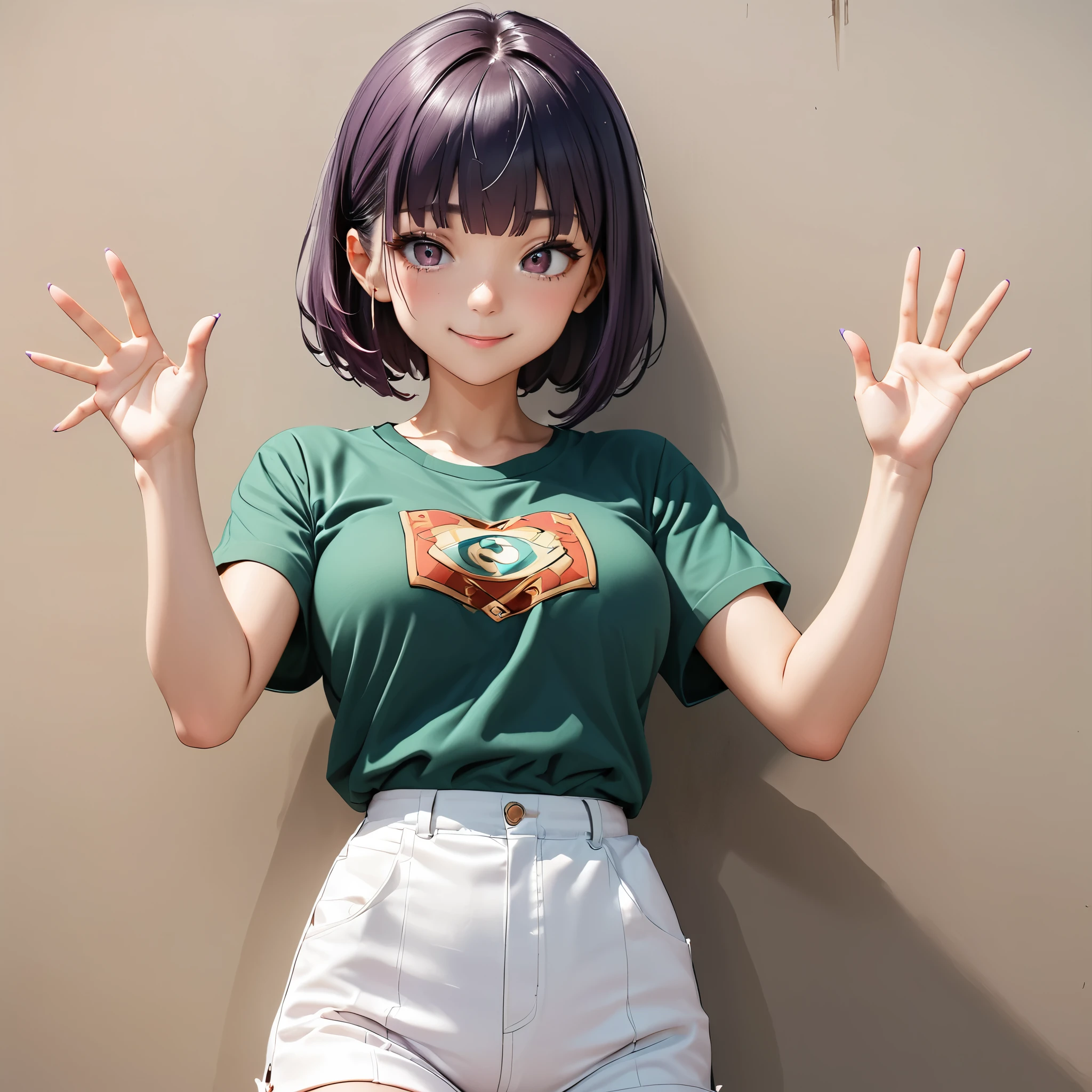 Masterpiece, 4K, HDR, full HD, (best quality), (ultra detailed), (only), intricate ANIME TYPE, best quality, 1girl, ((deep purple hair)) , hyper beautiful face, perfect anatomy, shiny skin, full body, alone, long hair, looking at viewer, perfect hands, perfect legs, super detailed clothes, intricate clothes, hyper detailed cloths, super detailed face, super detailed skin, super detailed quality, expressive eyes, brown eyes, super detailed eyes, JK, epngekatsuragimisato ,  SDXL Illustration Design Beautiful Girl 2D Beautiful Girl Digital Painting Comic Ukiyo-e Watercolor Manga Other,ROUGH, smile, blushing, dynamic pose, American shot, cowboy shot, portrait quality, super detailed hands, super detailed fingers, very beautiful fingers, very beautiful hands, The image created is 3/4 of the body, bright red lipstick, standing facing the viewer, stylized fingers, detailed female fingers, NabikitendourxLV2 , 18years, big eyes, brown eyes, bob cut, blunt bangs, medium breasts, short sleeves, loose shirt, pink strap, green shirt, white shorts, black shoes, purple hair, 