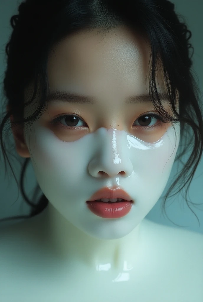 (highest quality、Tabletop、8k、Best image quality、Award-winning works)、One woman、(Close-up of face:1.3)、nude、(Pure white background:1.3)、Black Hair、(Semen-covered face:1.3)、(Closed lips:1.1)