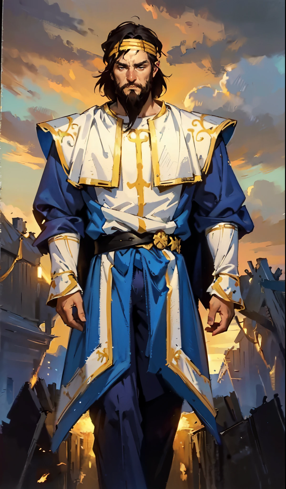 (masterpiece:1.2, best quality:1.2, extremely delicate:1.2), ((male:1.5)), a middle-aged man with medium-length black hair, a yellow headband, thick eyebrows, focused gaze, dignified face, large beard, tall and slender physique, a fantasy-style mage robe, the color scheme is primarily Yellow with White and ‎Black accents, large wide hem, large shoulder armor resembling a cloak, a fire dragon belt, fabric trousers, the background features a thundercloud sky lit up by a red glow from the flames, this character embodies a finely crafted fantasy-style mage in anime style, exquisite and mature manga art style, dramatic, high definition, highres, ultra-detailed, ultra-fine painting, professional, perfect body proportions, golden ratio, anatomically correct, symmetrical face, extremely detailed eyes and face, high quality eyes, creativity, RAW photo, UHD, 32k, Natural light, cinematic lighting, (masterpiece-anatomy-perfect:1.2)