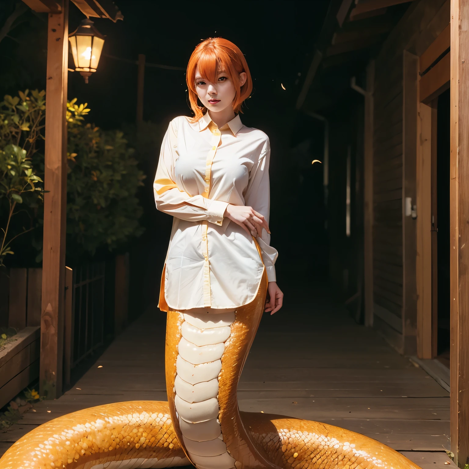 1girl, orange hair, brown eyes, lamia, yellow scales, tail, standing, medium breasts, white shirt, streets, 4k, 8k, 16k, best quality, high-res, full body, fireflies