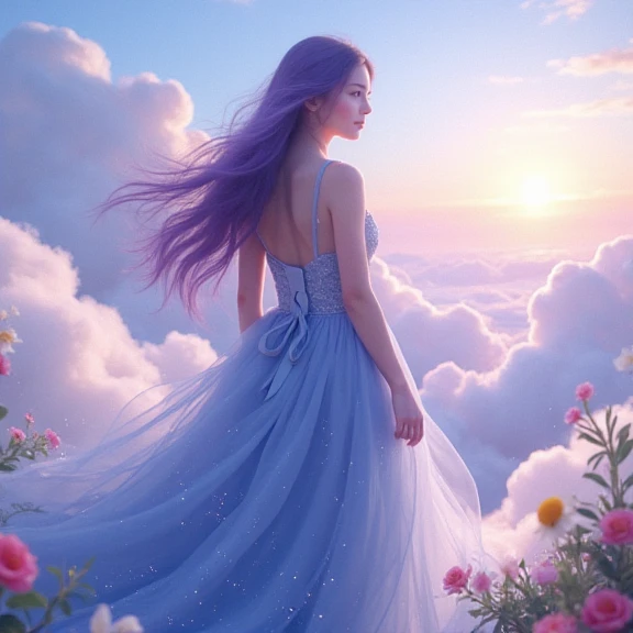 (extremely detailed, best quality), floating, an extremely delicate and beautiful dream-like scene,, , [(1girl),(long purple hair), detailed face, neck ribbon, elegant blue dress, standing on a cloud, (wide shot), (mysterious atmosphere):1.5],, , [(butterfly wings),(fluffy cat),(floral bouquet),(fairytale), (sunshine),(soft light),(pastel colors),(glitter):0.8]