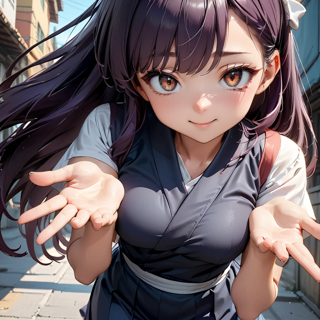 Masterpiece, 4K, HDR, full HD, (best quality), (ultra detailed), (only), intricate ANIME TYPE, best quality, 1girl, ((deep purple hair)) , hyper beautiful face, perfect anatomy, shiny skin, full body, alone, long hair, looking at viewer, perfect hands, perfect legs, super detailed clothes, intricate clothes, hyper detailed cloths, super detailed face, super detailed skin, super detailed quality, expressive eyes, brown eyes, super detailed eyes, JK, epngekatsuragimisato ,  SDXL Illustration Design Beautiful Girl 2D Beautiful Girl Digital Painting Comic Ukiyo-e Watercolor Manga Other,ROUGH, smile, blushing, dynamic pose, American shot, cowboy shot, portrait quality, super detailed hands, super detailed fingers, very beautiful fingers, very beautiful hands, The image created is 3/4 of the body, bright red lipstick, standing facing the viewer, stylized fingers, detailed female fingers, UkyokuonjirXL, 25years, big eyes, brown eyes, purple hair, long hair, bangs, hair white bow, medium breasts, short sleeves, blue kimono, white tasuki, black pantyhose, black shoes, 