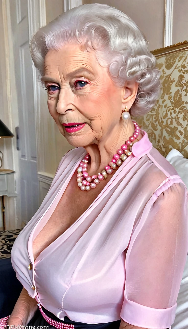 (gorgeous queen elizabeth 80yo:1.3), (huge saggy breast:1.3), profile side, (look at viewer:1.4), sitting on a bed, wider cleavage, (sensual expression:1.4), (covered in cum:1.5), (((chiffon sheer pink shirt))) (((with a deep collar pink necklane))), black skirt, lipsticks, Pearl Necklace