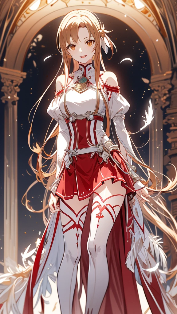 masterpiece, Best Quality, High resolution down , aaasuna, Long Hair, Brown Hair,  braided  ,  Brown Eyes  ,  Bare Shoulders, armor, breastplate, White sleeves,  Separate Sleeves ,  red skirt  ,  Sword Art Online 、Asuna,  white thigh high socks , Wavy, smile,  slouching ,  open your mouth , town,  fantasy、Feather、4枚のFeather根