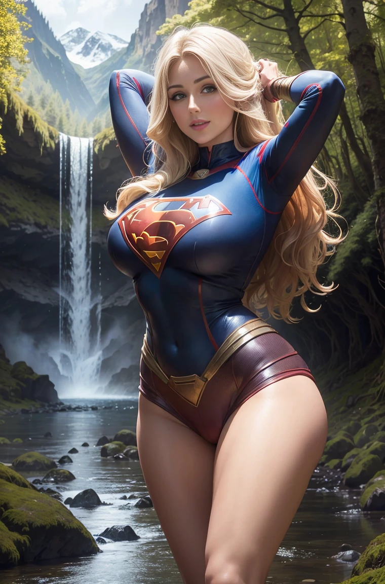 Lucy Pinder como uma bela Supergirl, peituda, blonde flowing hair, sorridente, standing near a waterfall, em uma floresta, Front view, Montanhas no fundo, imagem de corpo inteiro, gracioso