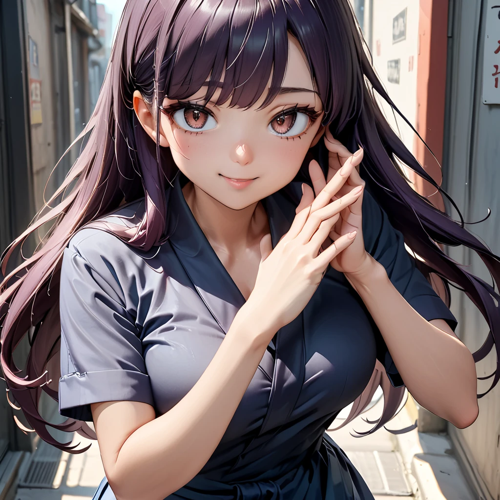 Masterpiece, 4K, HDR, full HD, (best quality), (ultra detailed), (only), intricate ANIME TYPE, best quality, 1girl, ((deep purple hair)) , hyper beautiful face, perfect anatomy, shiny skin, full body, alone, long hair, looking at viewer, perfect hands, perfect legs, super detailed clothes, intricate clothes, hyper detailed cloths, super detailed face, super detailed skin, super detailed quality, expressive eyes, brown eyes, super detailed eyes, JK, epngekatsuragimisato ,  SDXL Illustration Design Beautiful Girl 2D Beautiful Girl Digital Painting Comic Ukiyo-e Watercolor Manga Other,ROUGH, smile, blushing, dynamic pose, American shot, cowboy shot, portrait quality, super detailed hands, super detailed fingers, very beautiful fingers, very beautiful hands, The image created is 3/4 of the body, bright red lipstick, standing facing the viewer, stylized fingers, detailed female fingers, UkyokuonjirXL, 25years, big eyes, brown eyes, purple hair, long hair, bangs, hair white bow, medium breasts, short sleeves, blue kimono, white tasuki, black pantyhose, black shoes, 