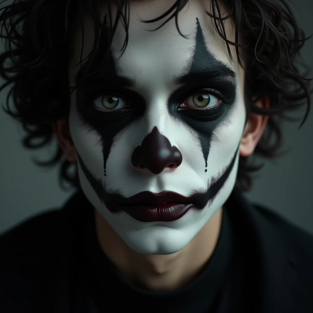 A boy with creepy twisted clown face paint, dark hair, (eyes are black), dark torn cloths, evil, creepy, horror, dark, woods, creepy trees, fall weather, bad clothing, woods, scary, sad, upset, (dark image), night time