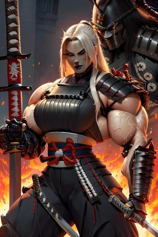 ((Close-up)), tall, ((White hair)), beautiful muscular female samurai, long hair, brown skinned, closed smile, large breast, (black lipstick), (massive muscles), (hyper muscle), ((ginormous bulky muscles)), blue eyes, ((((full samurai armor suit)))), ((((samurai pants)))), (fingerless gloves), ((fire sword)),  samurai boots, in a burning Village, 