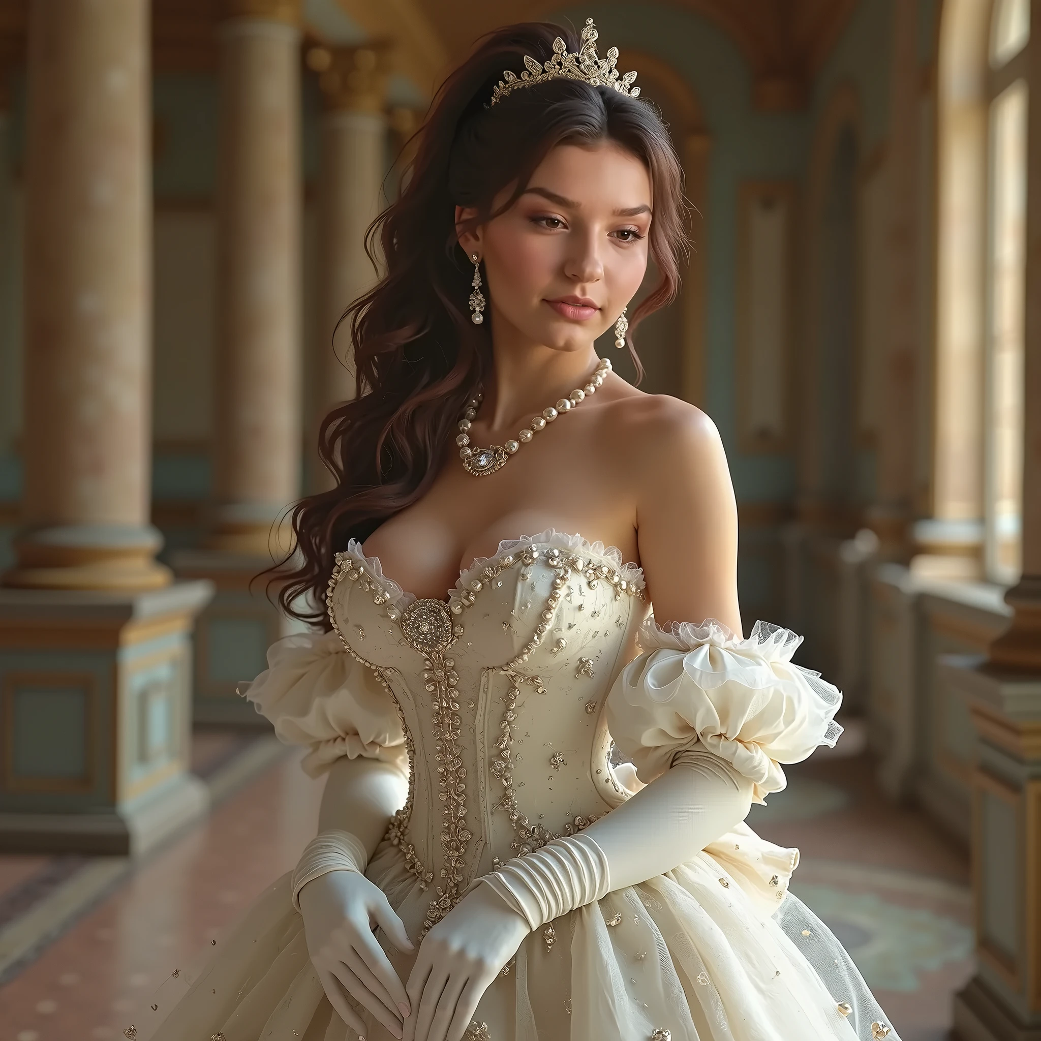 bellissima, xcharleston style, 1 girl, alone, short hair, brown hair, gloves, dress, brown eyes, jewelry, earrings, white gloves, white dress, makeup, feathers, lipstick, curly hair, realistic photorrealistic