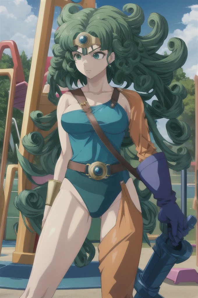 Anime Artwork Anime Artwork Masterpiece,Highest quality, Unreal Engine, Ultra-high resolution, Very detailed丸い胸, 1 person with medium chest,  Waist, thin,(Muscular:0.9)
 heroine, 
Circlet, Curly Hair, Green Hair, short hair, Asymmetrical clothing, leotard, belt, One-handed gloves, One Sleeve, Single Thigh High Cave, Holding a sword, . Anime Style, Key Visual, Vibrant, Studio Anime,  Very detailed