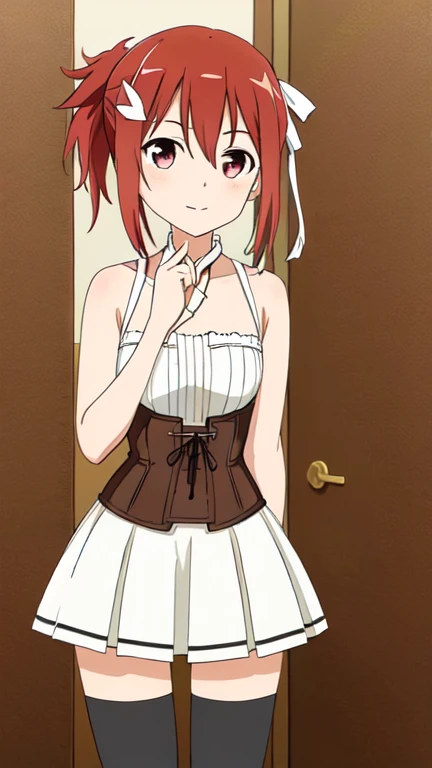 1girl,favSK,red hair, <lora:favSKAV5:0.85>, :|, white corset bow panties , stage, blue eyes,