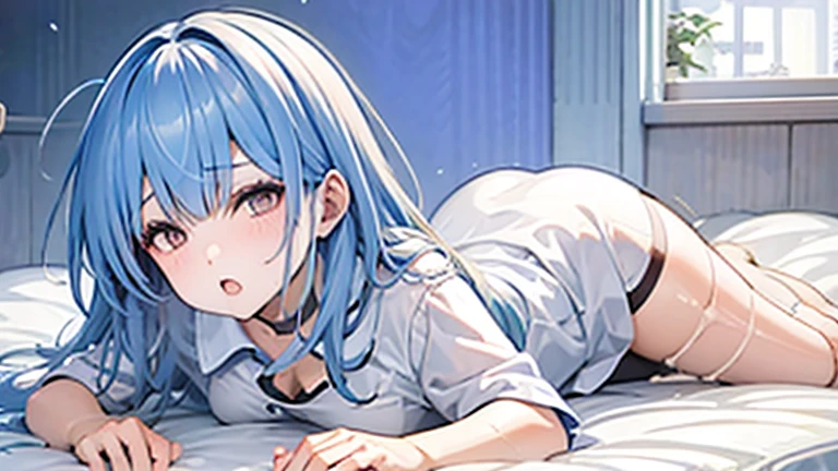 (blue ribbon:0.7), cute girl, anime, silver hair, blue eyes, ponytail, feel shy, indoor, on the bed, orgasm, sex, spread legs, missionary position, nude, love juice, ((high quality)), 1girl, sex