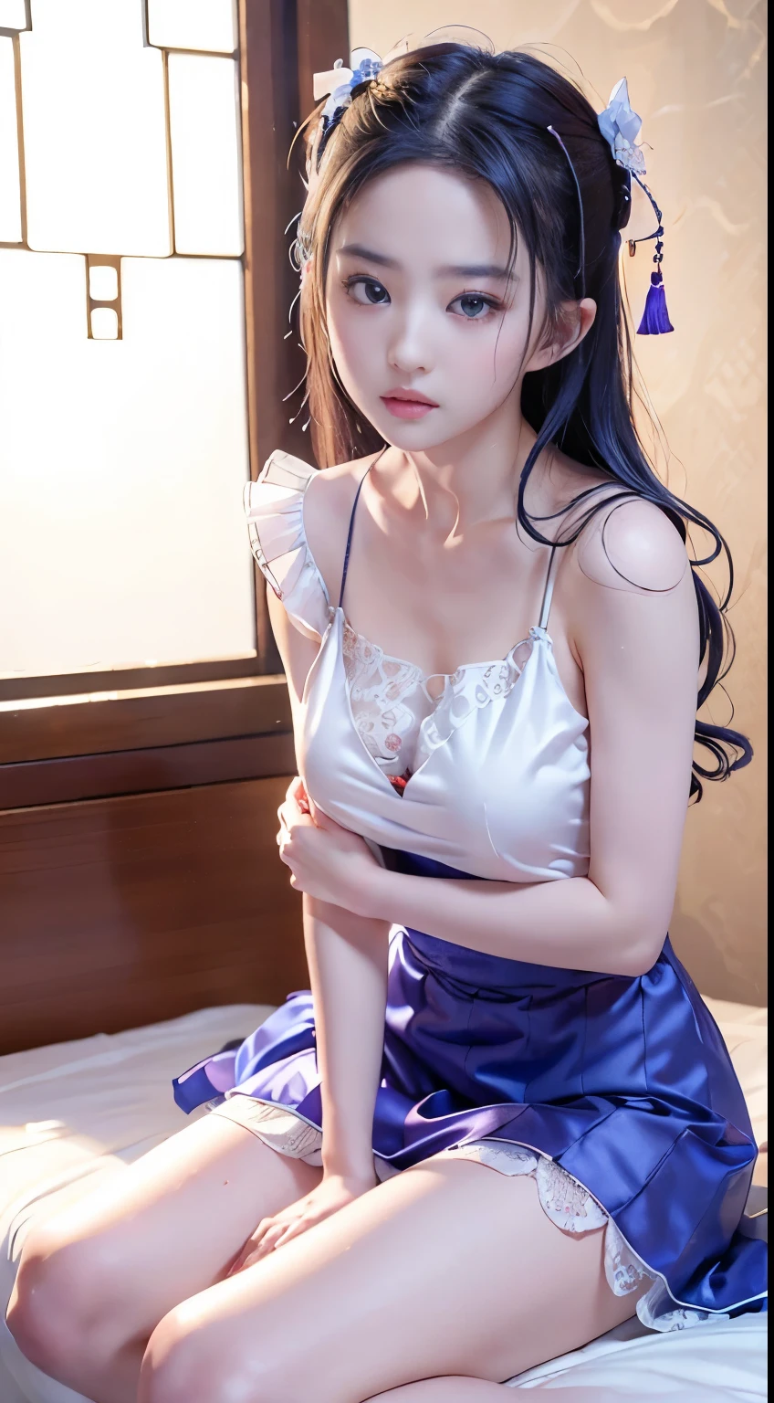 Master quality, highest quality, best picture quality, exaggerated details, a cute 8 year old asian little girl with a shy expression, slightly squinted eyes in a blue dress posing for a picture, japanese goddess, oriental fantasy, asian hyperdetailed, taken in 2 0 2 0, Middle metaverse, sakimichan, 4 k post, 4k post, (long hair / very, very exaggerated big breasts, big tits / in hanfu petticoat dress tissue )shikamimi, asian girl, full body xianxia, traditional beauty, , open v chest clothes, a shy expression, slightly squinted eyes, adjusting her hair, long eyelashes