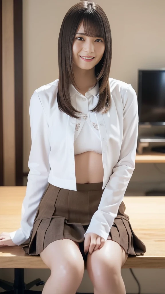  Highest quality, shape, Very detailed, finely, High resolution, 8k wallpaper, 完璧なダイナミックな構shape, Beautiful and exquisite,  Natural Lip, whole body, Navel exposure, bangs、University classroom、Brown Hair、(Thighs)、The correct five fingers、Looking into the camera,smile,(((Small breasts))),sweater、Pleated skirt、(Flesh-colored nipples),