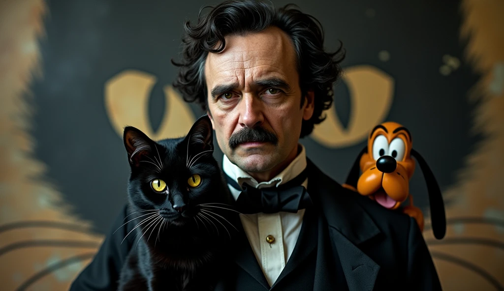 Take a photo of Edgar Alan Poe with a black cat and a Disney Pluto. In the background of the image a wall with the face of a black cat .
