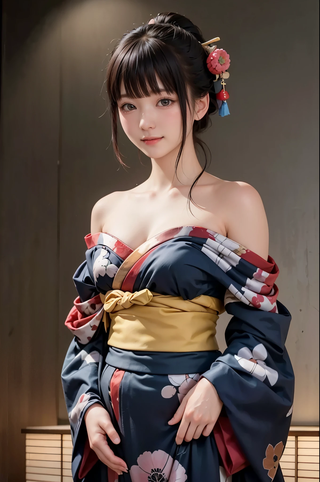 (Realistic:1.4), (super Realistic:1.4), (Realistic:1.3), (Sleek lighting:1.1), (Cinema Lighting Improvements:0.9), 32K, 1 cute Japanese girl, 20 year old girl, Realistic Lighting, Backlight, Face Light, Ray Tracing, (Whitening Light:1.2), (Image Enhancement:1.4), (Top quality real skin:1.4), Beautiful Eyes, Beautiful Face, Beautiful detailed Eyes, (Improve the look of your body line:1.1), (Improves the beauty of skin texture:1.1), ((Japanese kimono:1.3)), ((off shoulder kimono)), smile, ((whole body shot:1.3)), ((old Japanese hotel)), old Japanese room, (((night:1.5))),