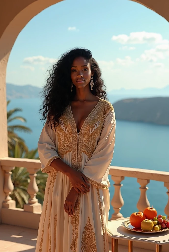 A captivating African ebony woman with regal features, her skin as smooth and dark as the midnight sky, framed by a halo of tightly coiled curls adorned with delicate silver beads, her gaze filled with a quiet intensity and inner strength, draped in flowing garments of royal blue and gold, standing on the edge of a rugged cliff overlooking the vast expanse of the ocean, waves crashing against the rocks below, the salty breeze tangling her hair and billowing her garments, a sense of serenity and contemplation pervading the scene