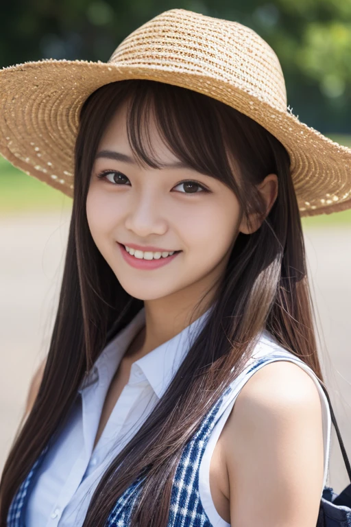 masterpiece,best quality,(Japanese ),((Beautiful girl)),cleavage,(perfect body beauty:1.2),(shy smile),beautiful teeth,(hat),(Blurred background of brick buildings),