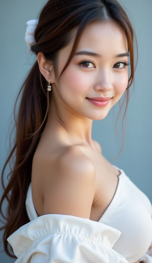 A photo of a young east-asian woman with smooth, pale skin and a warm, inviting smile. Her long, straight hair is a soft brown, tied back loosely with a white ribbon, allowing a few delicate strands to fall naturally over her forehead. Her large, almond-shaped eyes are expressive and framed with subtle makeup, highlighting her lashes and light eyeliner. She has a gentle glow to her complexion, accentuated by the natural sunlight, giving her a radiant and healthy appearance. Her lips are slightly parted in a soft smile, showcasing a warm, friendly demeanor. She is wearing a simple, elegant white top, further enhancing her natural beauty without overpowering her features. The background is a muted, soft blue, focusing all attention on her serene and graceful face.