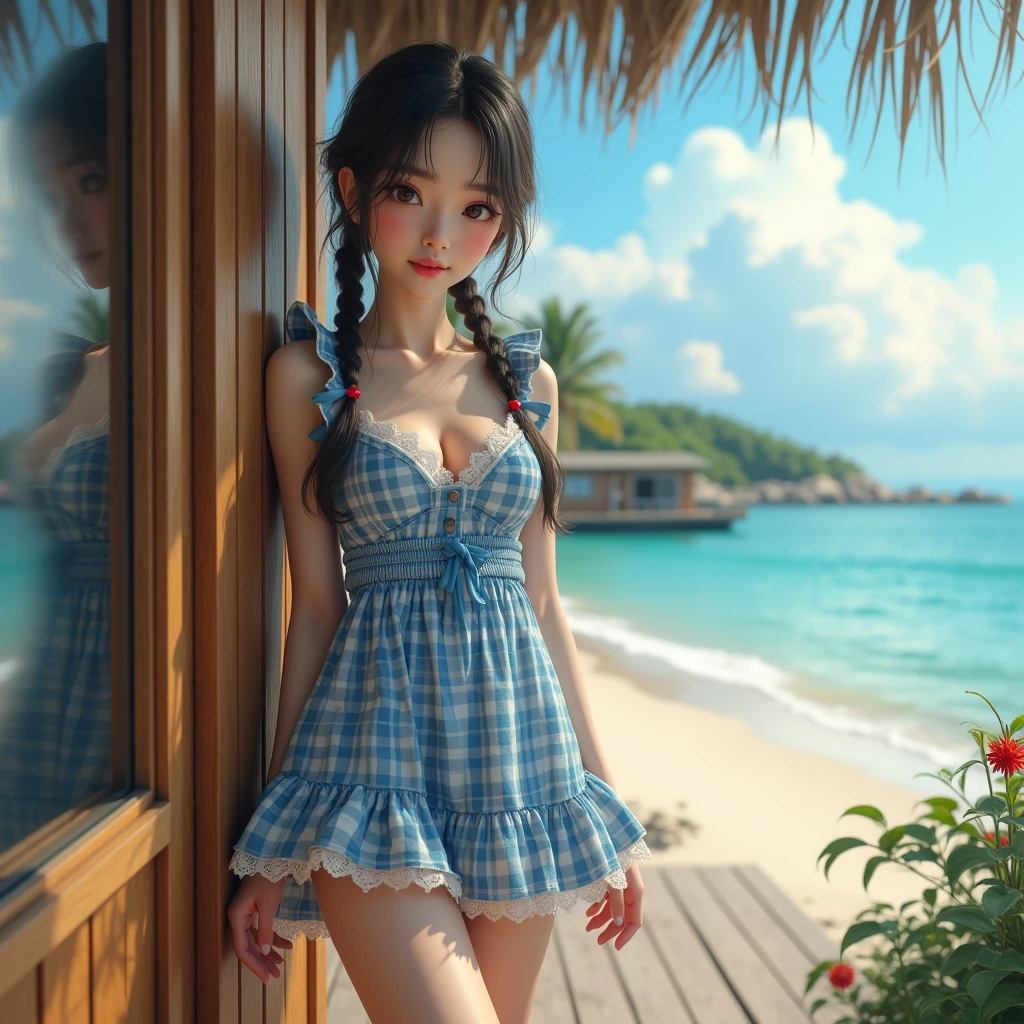 best quality,one girl,low twintails,beach,casual dress