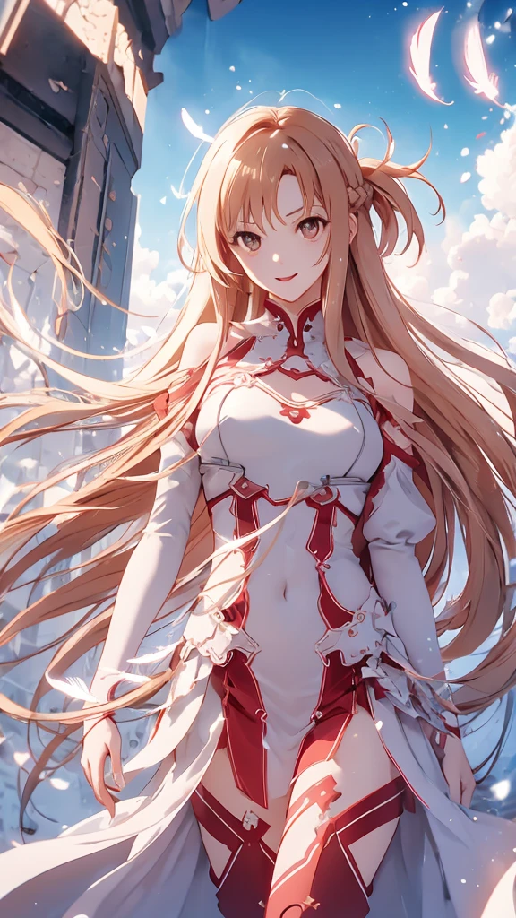 masterpiece, Best Quality, High resolution down , aaasuna, Long Hair, Brown Hair,  braided  ,  Brown Eyes  ,  Bare Shoulders, armor, breastplate, White sleeves,  Separate Sleeves ,  red skirt  ,  Sword Art Online 、Asuna,  white thigh high socks , Wavy, smile,  slouching ,  open your mouth , town,  fantasy、Feather、4枚のFeather根