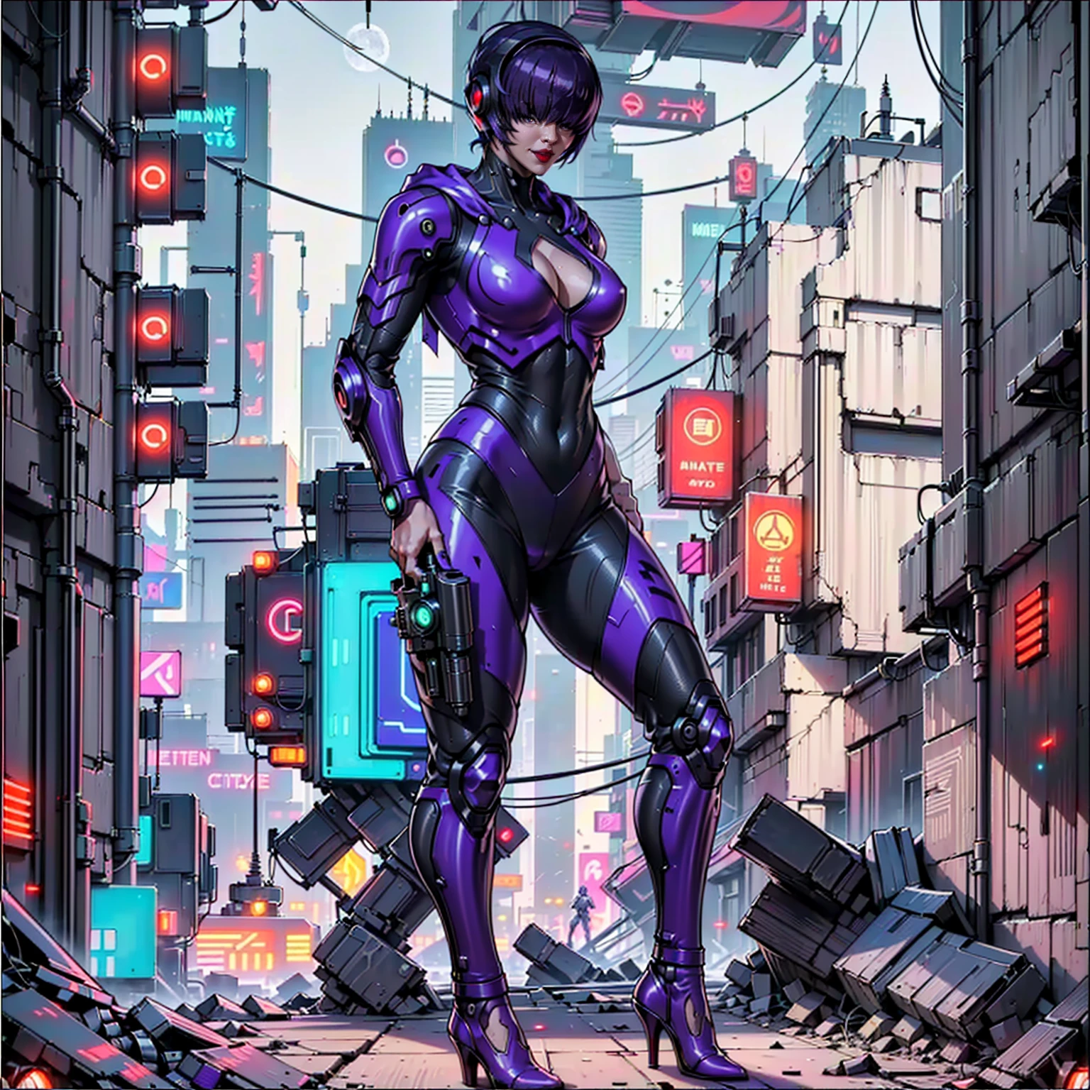 ((shiny eyes, 1girl, milf, standing, sexy pose, ((Orochi_Shermie, purple hair, short hair, hair bangs, hair over the eyes, hooded eyes)), perfect face, sharp focus, professional artwork, intricate details)), ((fitness,, shapely body, athletic body, toned body)), ((militant combatants, wearing hologram armored combat suits that fit tightly to the body and blend into the surrounding scenery, cyberpunk armor suit, woman, cyber armor, smug, smug smile, framing against diving, cyberpunk city, armor, bodysuit, mecha, robot, ((red armor, white and black armor suit, night, full moon, japanese temple, gun, cyberpunk temple, trees, neon lights, cyberpunk city, jade, cyberpunk city)), red lipstick, fan))