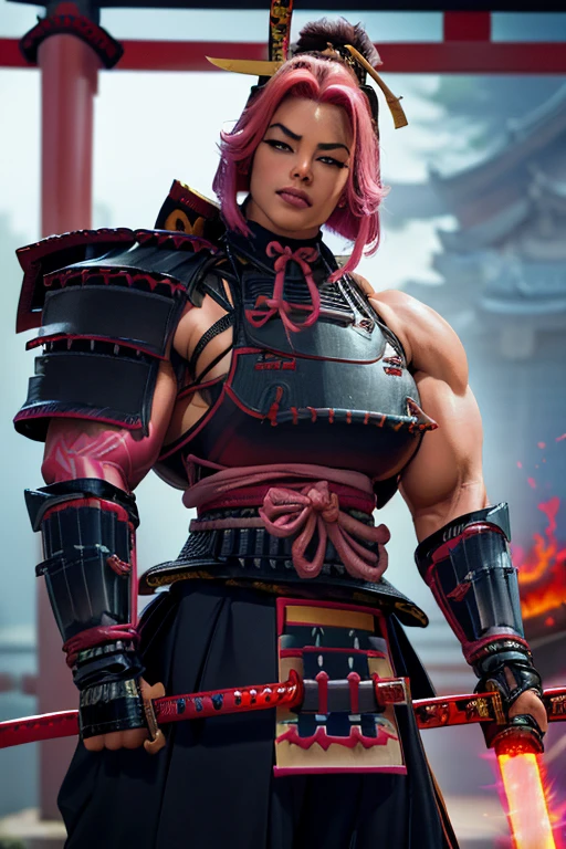 ((((Massive, tall, beautiful, buff, muscular light brown skinned female samurai with shocking pink hair, black lipstick, ginormous bulky muscles, holding a pink fire sword and wearing an all pink samurai armor with pants)))), {close view}, black eyeliner, massive muscles, large breast, massive biceps, hyper muscle triceps, (angled bob cut), red eyes, samurai boots, In a battlefield, sleeveless, steel samurai armor, nighttime, confident smile, hyper muscles arms, hyper muscle legs, ginormous arms